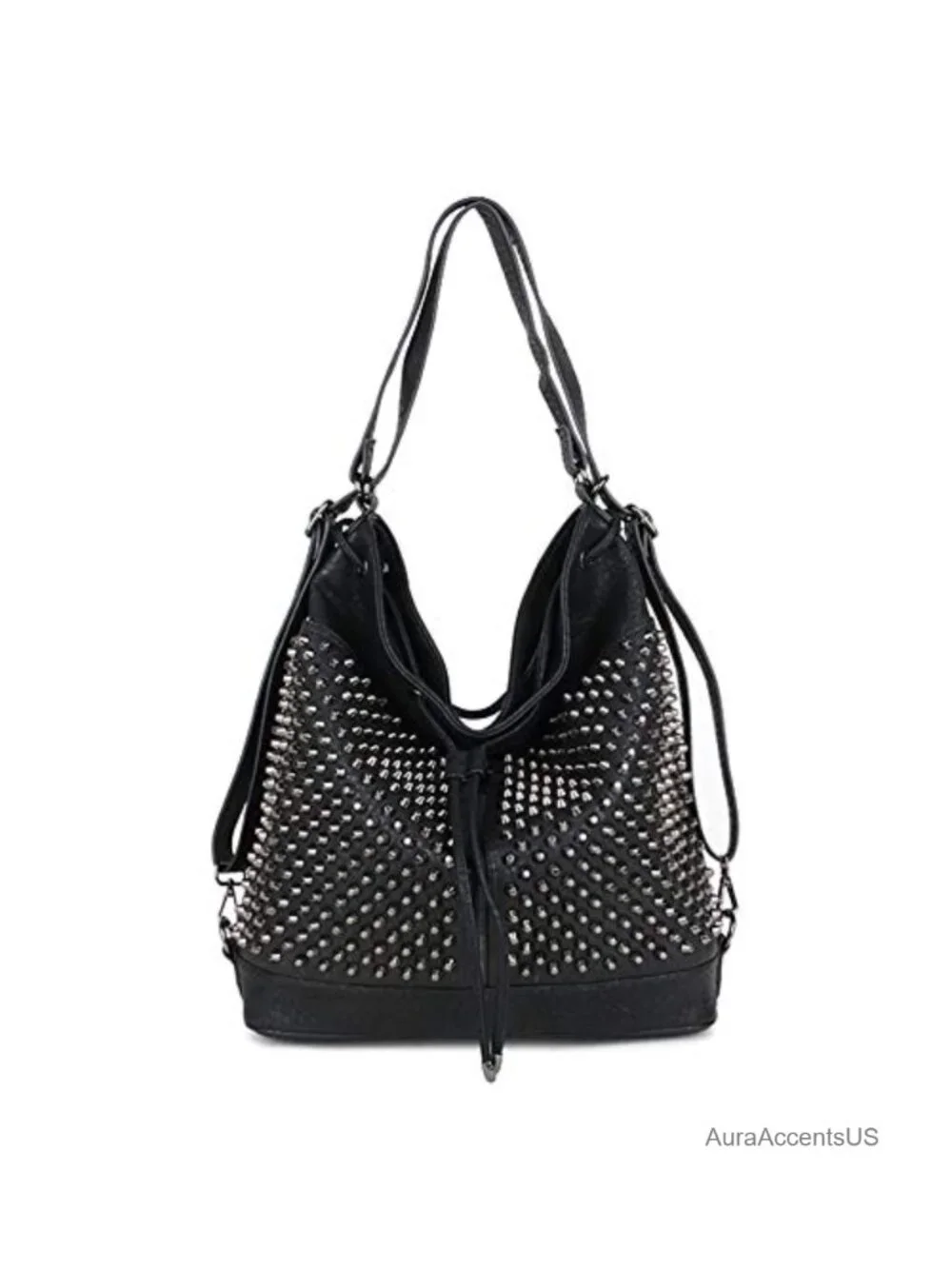 Oversized Studded Bucket Bag Convertible Vegan Leather Backpack Crossbody